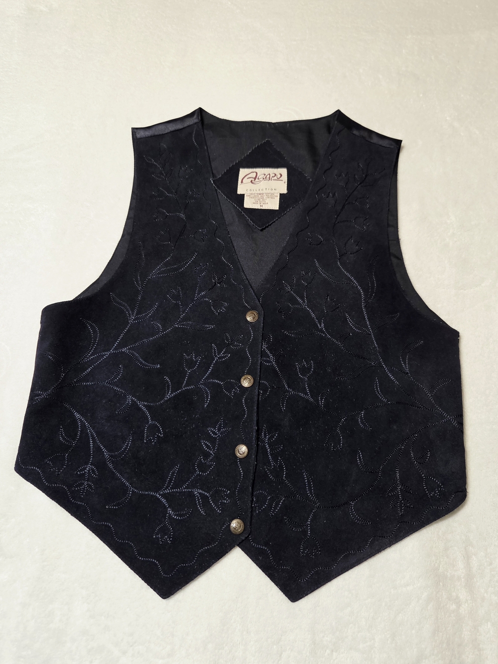 Vntg 90s Agapo Women Dark Navy Blue Genuine Suede Leather Vest M Western Boho